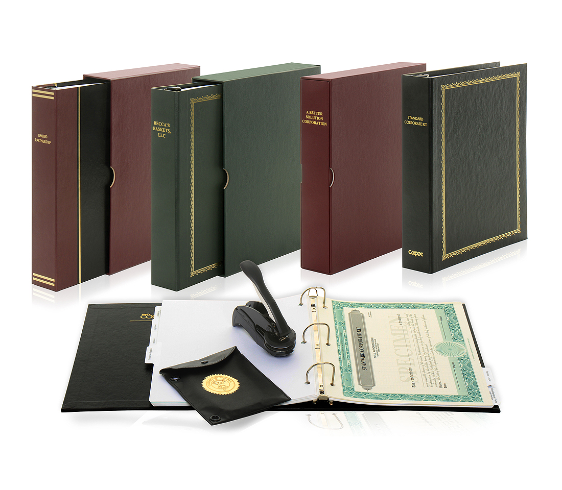 Dwight Jackson Complete Corporate Kit — binder, embosser, certificates, and minute book tabs